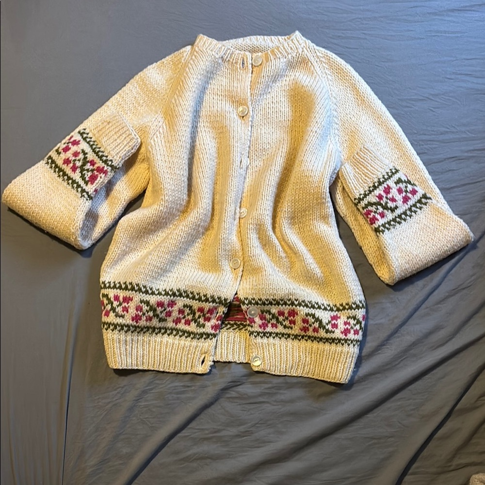 Women's vintage Cream Cardigan Sweater with Floral Accents